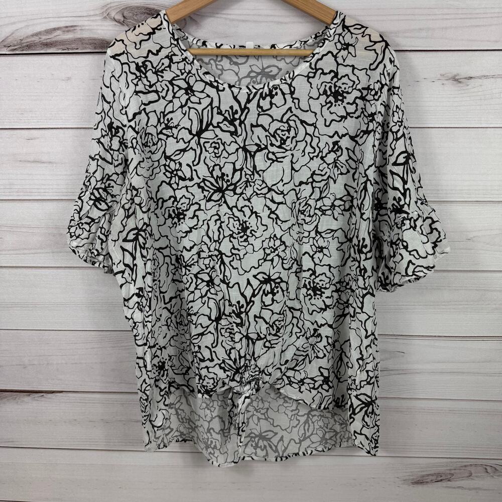 Emily Daniels Floral White Black Tie Knot Flutter Sleeve Top Size XL
